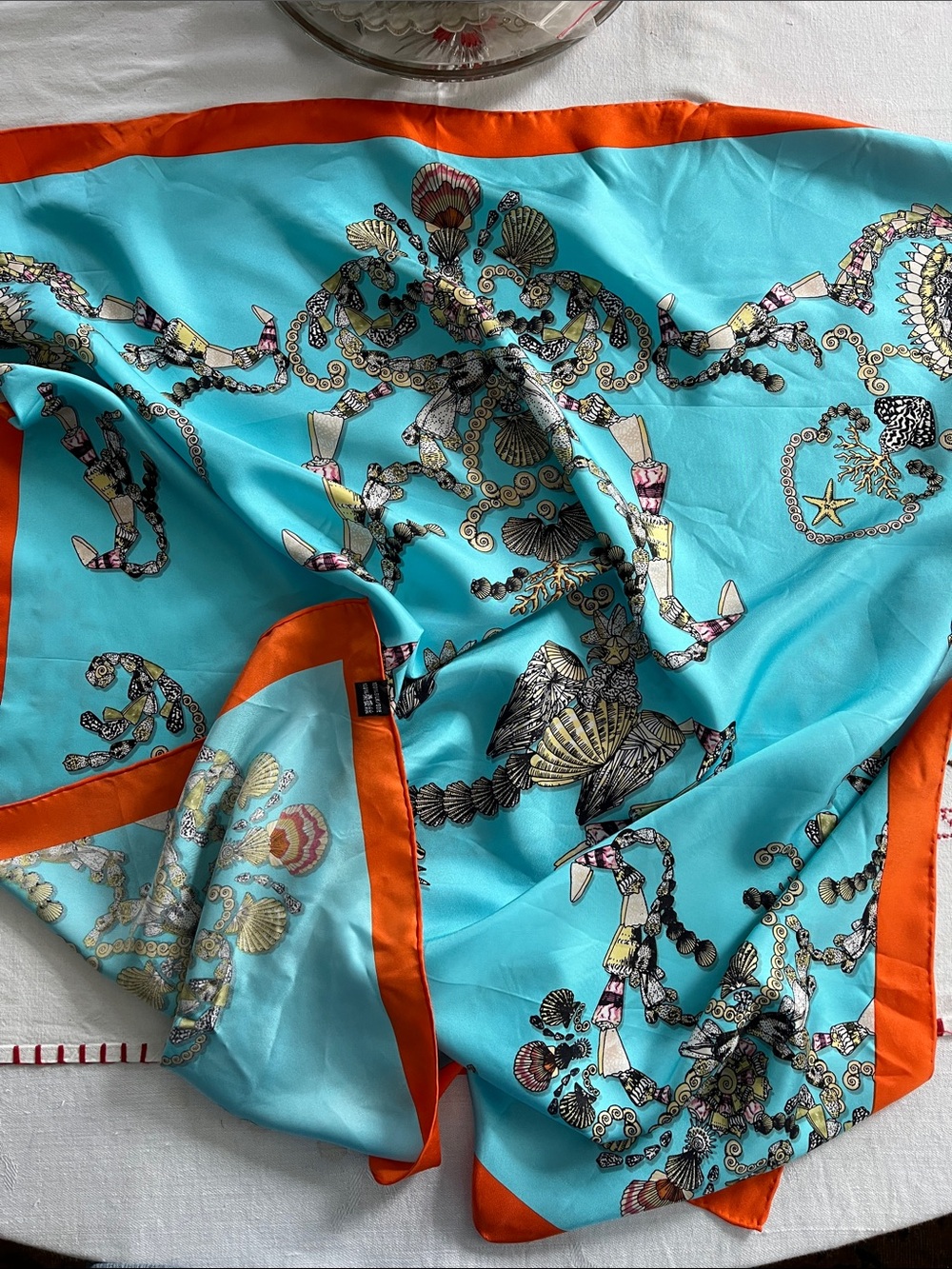100% Silk Turquoise & Orange Decorative - Designer Scarf Print